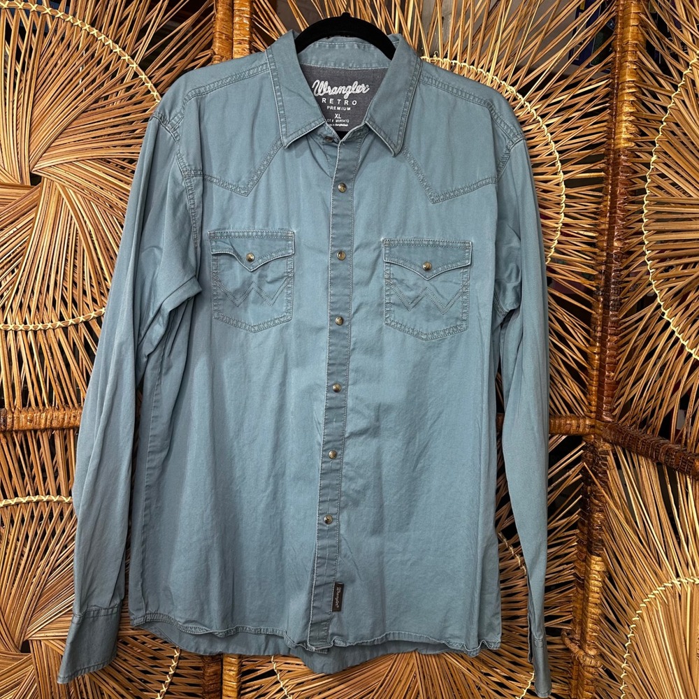 Wrangler Retro Premium Mens XL Western Snap Shirt Slate Blue Long Sleeve MVR541Q